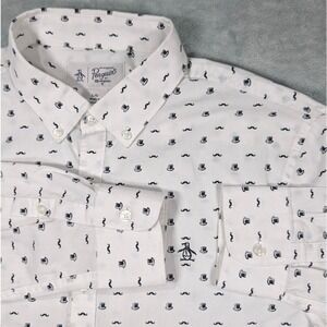 Original Penguin Mens White Mustache Top Hat Print Button Down Cotton Shirt L